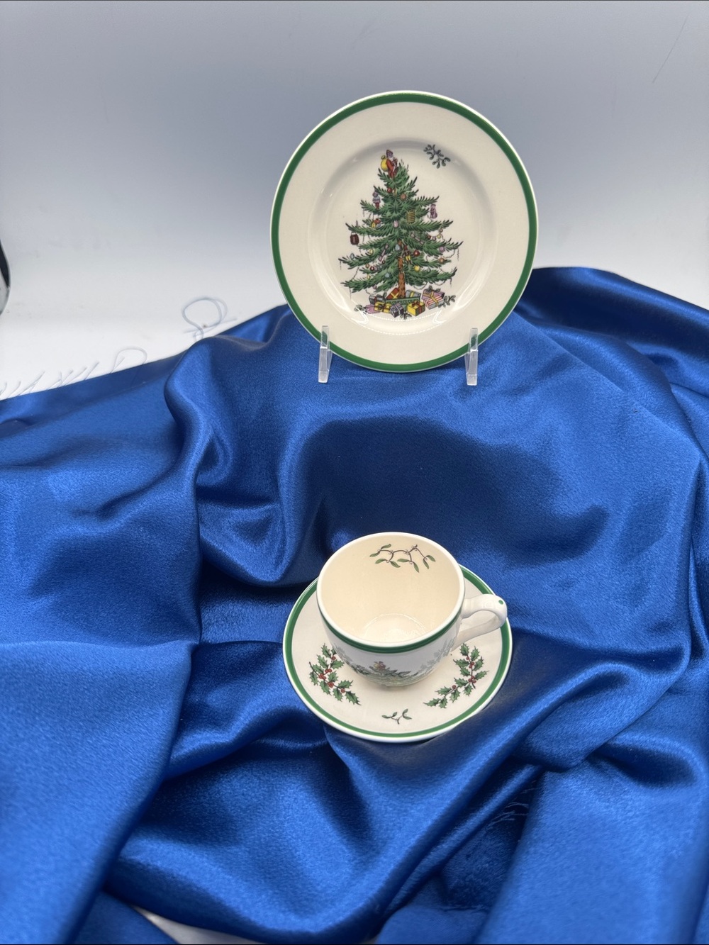 Spode Christmas Tree Cup and Saucer - S3324. And small plate S3324-Z